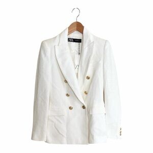 Zara White Textured Double Breasted Gold Button Blazer XS